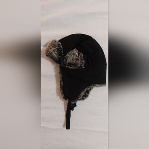 Men's Black Faux Fur Trapper Hat with Chin Strap